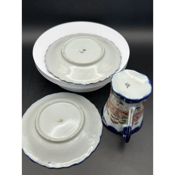 Vintage Kutani Eggshell Porcelain Chocolate Cup w/ Two Saucers Signed - Picture 7 of 8